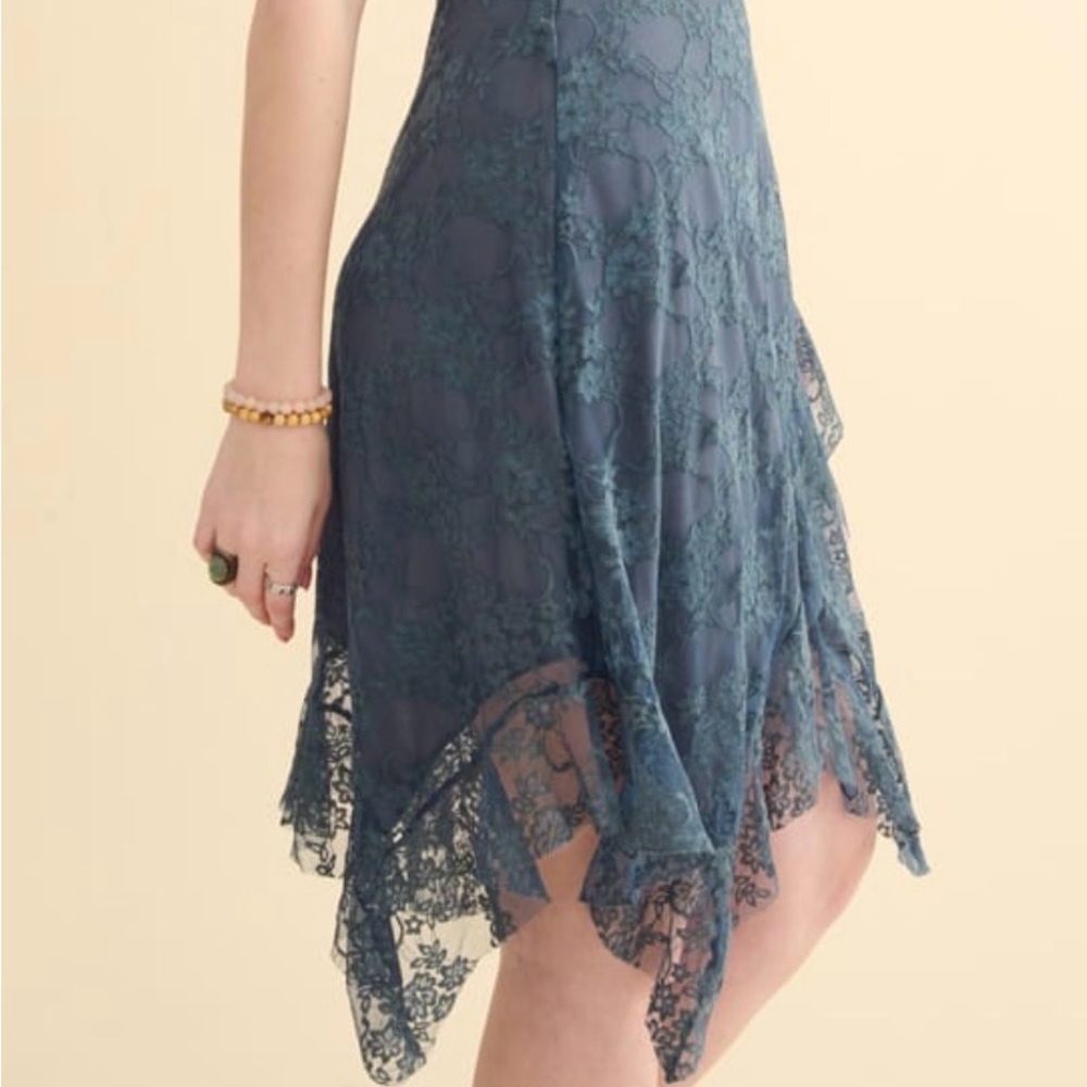 EARTHBOUND Asymmetrical Dress in Deep Blue Lace